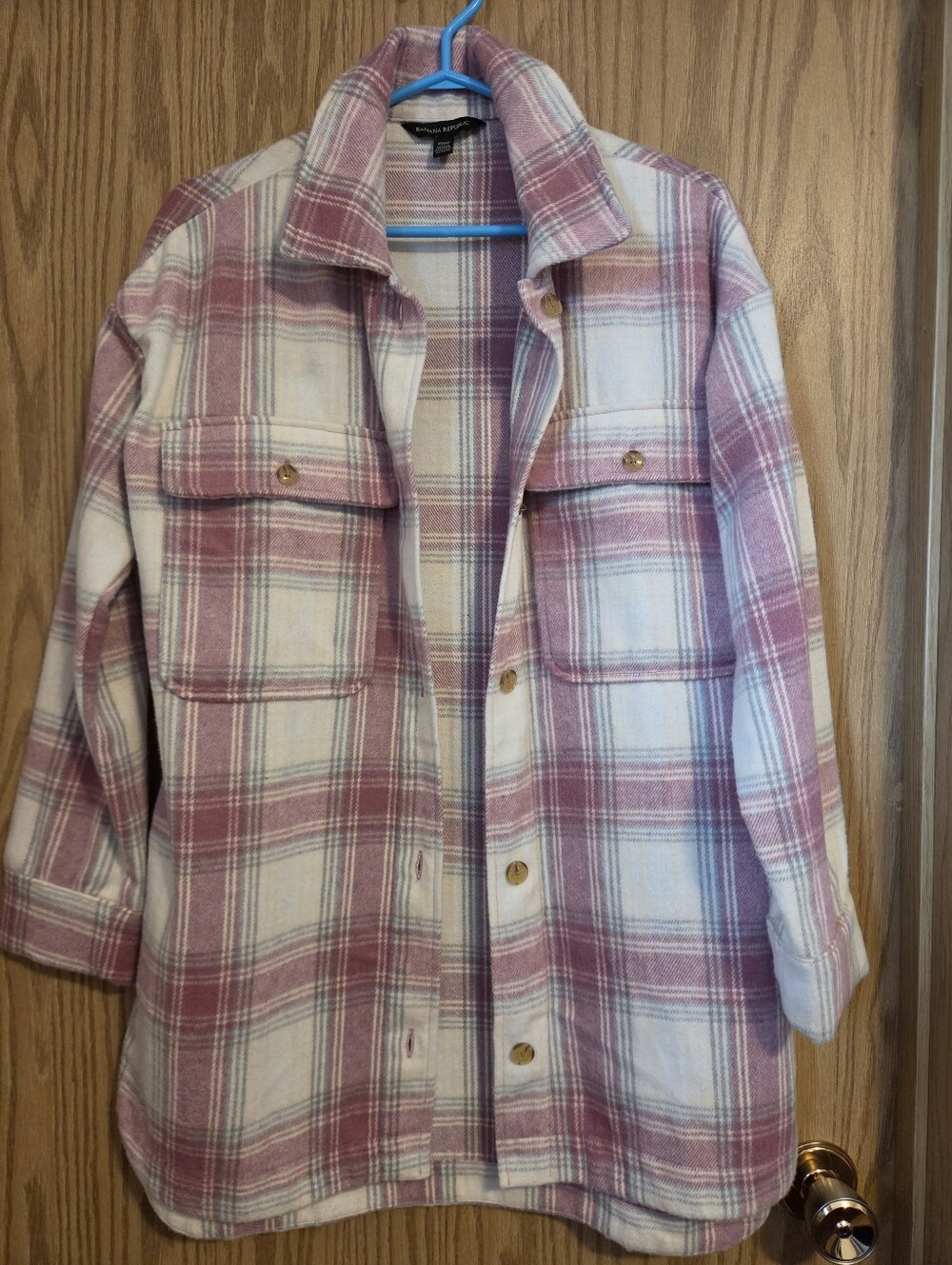 Banana Republic Pink and Cream Plaid Button-Down Shirt Jacket